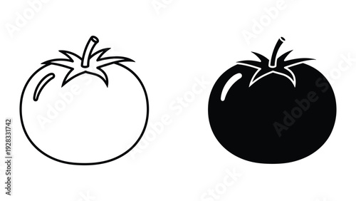 Tomato Icons: Outline and Silhouette of Fresh Red Tomato on White Background