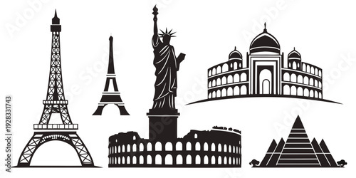 Iconic landmarks from around the world showcased in black and white Vector