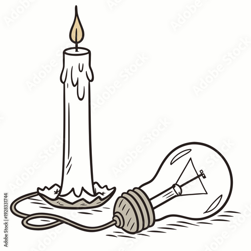 Of candle and broken light bulb power outage black and white