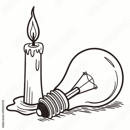 Black and white of candle and dead light bulb power outage