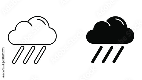 Cloud with Rain Icon, Black and White Line Art and Silhouette