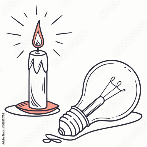 Of candle and fallen light bulb representing power outage