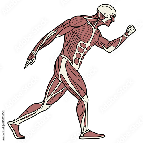 Muscular man running with exposed anatomy human body