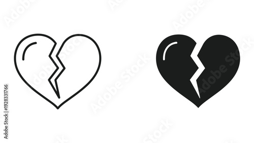 Broken Heart Icon Set: Outline and Filled Heart Shapes