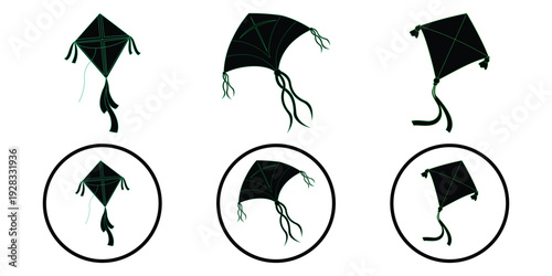 Kite Icon Set – Flying Diamond Kite with Decorative Tail Vector Illustration for Apps, Web and Toys