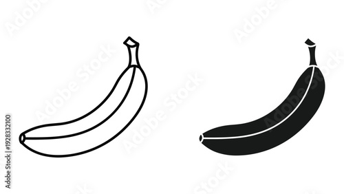 Banana Icon Set: Outline and Solid Silhouette