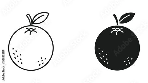 Orange Fruit Icon, Line Art and Silhouette, Isolated on White Background