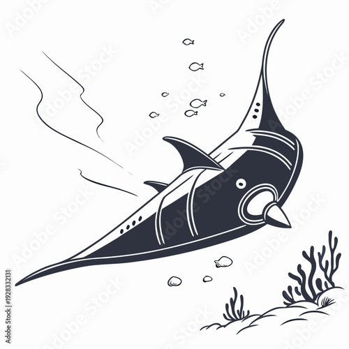Black and white of a manta ray swimming underwater