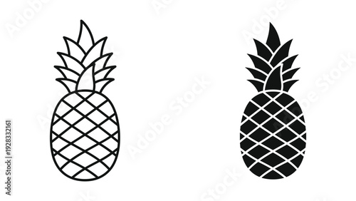 Pineapple Icons: Outline and Silhouette, White Background, Vector Art