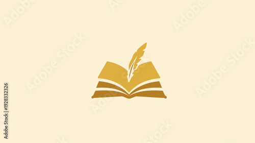 Golden open book with feather quill pen icon for learning, knowledge, education, writing, and literature concepts