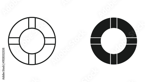 Lifebuoy Icons: Outline and Solid Black Versions on White Background