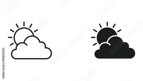 Sun behind cloud icons, line and solid fill, weather forecast symbols