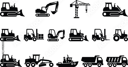 Heavy construction machinery and industrial vehicles collection, excavator bulldozer crane icons set, cad drawing flat vector illustration, isolated on white background, black