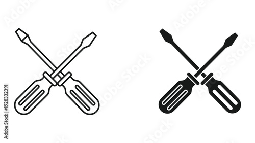 Crossed Screwdriver Icons - Line and Silhouette Styles