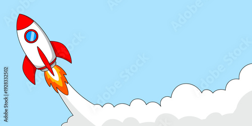 Cartoon rocket ship flying up into blue sky with clouds