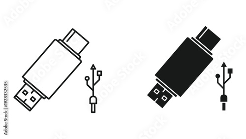USB Flash Drive and USB Symbol Icons - Black and White Line Art and Solid Fill