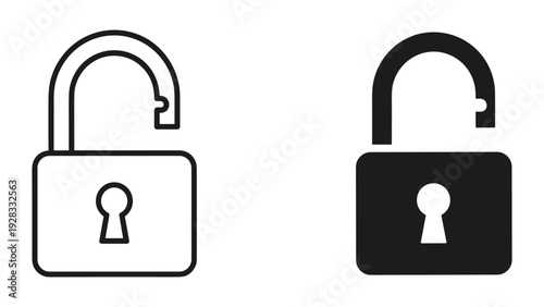 Open padlock icons: line art and solid black, isolated on white background