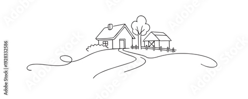 One line drawing rural village house.simple countryside scenery. Hand drawn continuous line representing village life, nature, harmony, tradition, and calm rural living.
