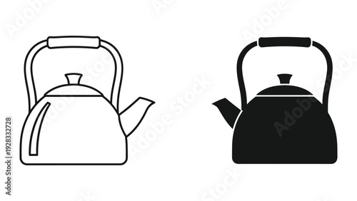 Icon Set: Black and White Kettle, Outline and Silhouette of Tea Pot