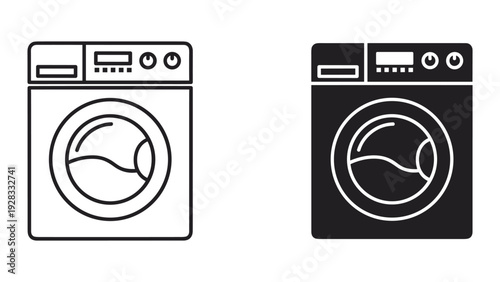Washing Machine Icon Set: Line Art and Silhouette