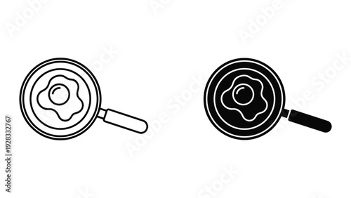 Fried Egg in Frying Pan Icons - Black and White Line Art & Silhouette