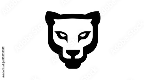 Powerful minimalist black and white big cat head icon. Modern stylized cougar, puma, or panther graphic illustration on white background.