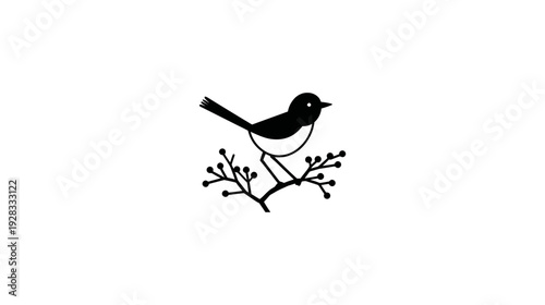 Charming black and white illustration of a little bird on a berry branch, simple, minimalist graphic design.