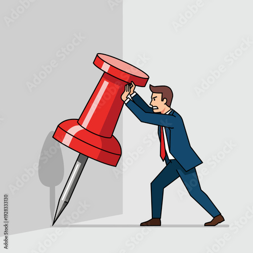 Man Pushing Large Red Thumbtack.