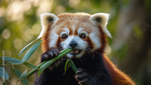 Red panda enjoys bamboo tips in a natural setting during daylight hours