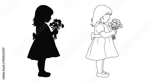 Two young girls with flowers one shown in stark contrast silhouette