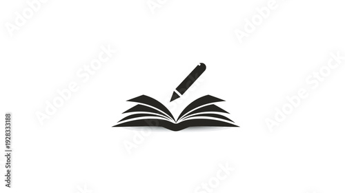 Minimalist black icon of an open book with a pencil, representing writing, education, learning, and knowledge vector.