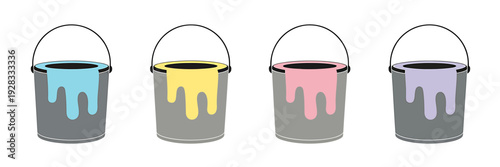Four gray paint buckets with colorful drips on white background