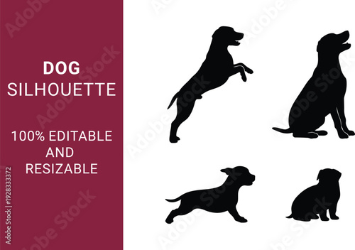  Dog Silhouette set with Various Breeds and Poses while they are Jumping, Running, and Sitting can be use able for Pet Branding and Logos 100% editable