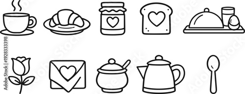 Minimal outline breakfast icon set with coffee, croissant, jam, toast and tray elements