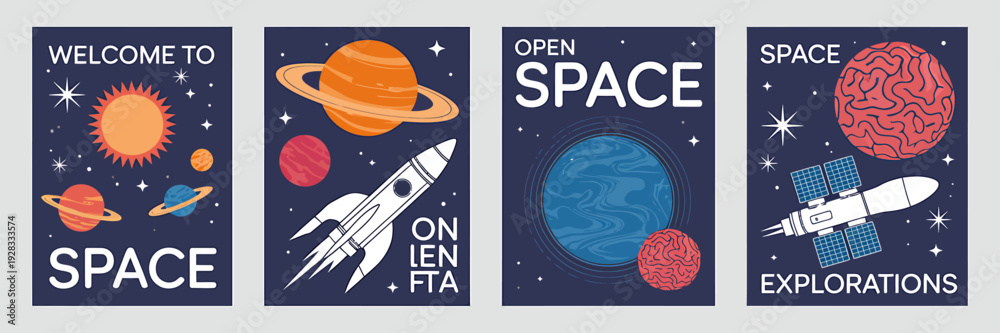 Fototapeta premium Space exploration posters with planets and spacecraft