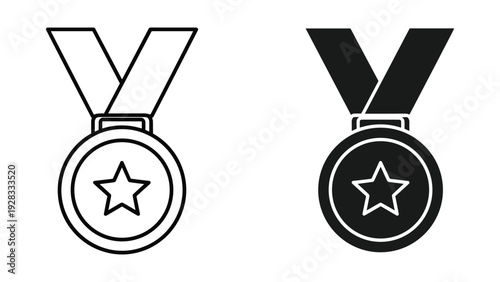 Medal Icons: Line Art and Solid Silhouette with Star
