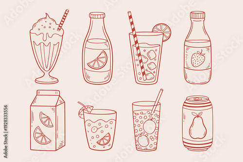 Red line drawings of cold drinks and bottles