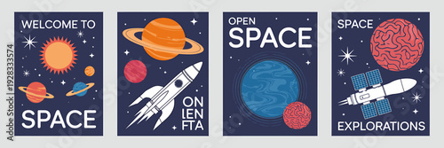Space exploration posters with planets and spacecraft