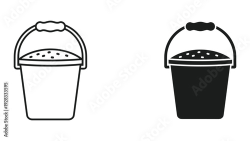 Two Buckets with Sand, Outline and Silhouette, Vector Icons