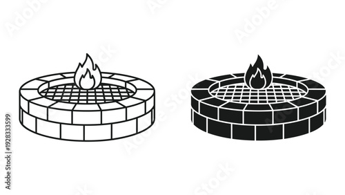 Fire Pit Icon Set: Line Art and Solid Black Silhouette