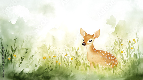 Watercolor illustration of a deer fawn resting in a meadow with flowers and greenery during daytime