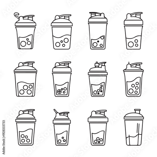 Set of Twelve Different Outline Shaker Bottles with Liquid and Bubbles Isolated on White Background