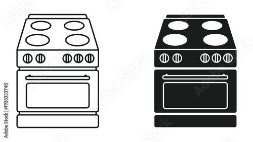 Line and Silhouette Icons of a Stove with Oven and Four Burners