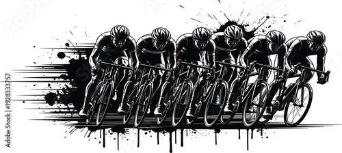 Professional Cycling Race Silhouette with Group of Road Bikers Riding Fast in Team Formation for Sports Event Poster and Graphic Design