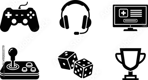 Collection of gaming and gambling icons including a controller, joystick, headset, computer, dice, and trophy