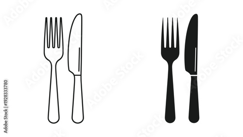 Fork and Knife Icons: Outline and Silhouette Duo on White