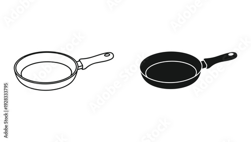 Black and White Frying Pan Icons, Outline and Silhouette, Isolated