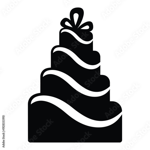Black and white silhouette of a tiered wedding cake with ribbon and bow