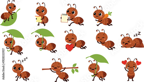 Vector, Illustration, Set, of, Cute, Ant, Cartoon, Characters, for, Identity, Branding, Professional, Graphic, Design, Projects, Collection, Elements, Insect, Nature, Animal, Hardworking, Small