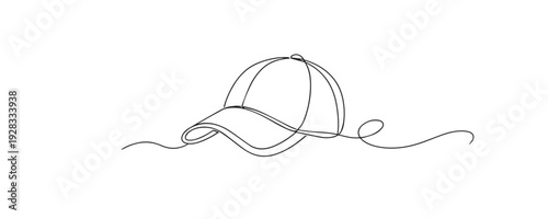 simple line drawing of a casual baseball cap with a curved brim, symbolizing fashion and youth. continuous line of the headwear, streetwear culture, simplicity, and modern lifestyle.